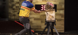 Dan Petrescu of Romania performs during the Qualifying for the Stihl Timbersports World Championship in Lillehammer, Norway on November 02, 2017.