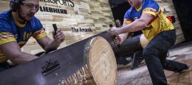 Team Romania competes during the Time Trials for the Team Competition of the Stihl Timbersports World Championships at the Hakons Hall in Lillehammer, Norway on November 3, 2017.